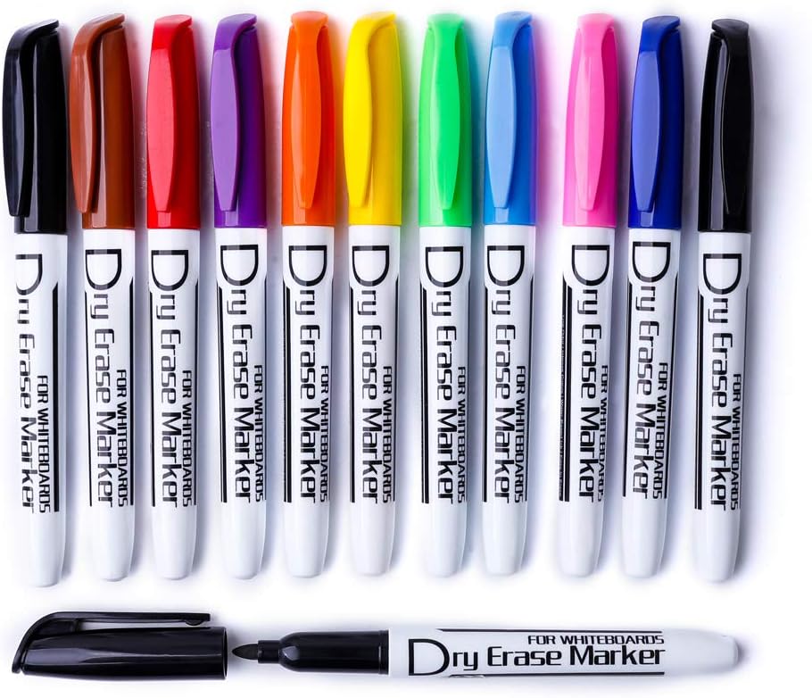 Volcanics Dry Erase Markers Low Odor Fine Whiteboard Markers Thin Box of 12, 10 Colors