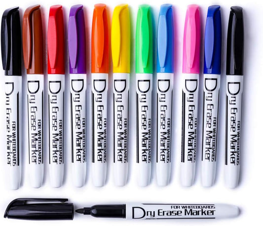 Volcanics Dry Erase Markers Low Odor Fine Whiteboard Markers Thin Box of 12, 10 Colors