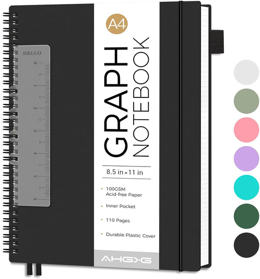 AHGXG Graph Paper Notebook - Spiral Notebook 8.5" x 11", A4 Large Graph Notebook, 100 gsm Thick Grid Paper, Waterproof Plastic Cover Journals for School Writing Engineering Math, Black
