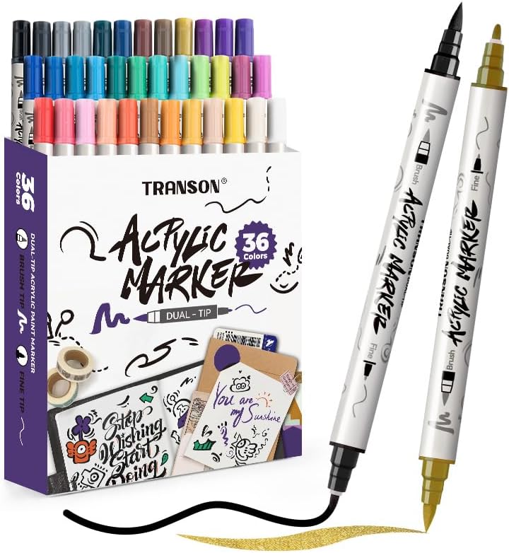 TRANSON 36 Colors Fine and Brush Dual-tip Acrylic Paint Marker Pen Set for Canvas Rock Wood Leather Ceramic DIY Painting