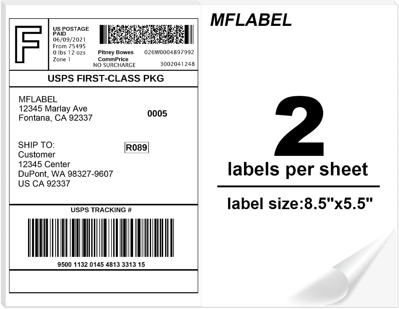 MFLABEL Half Sheet Label Laser/Ink Jet Shipping Labels 8.5 x 11 Inches Packaging Label, Address Labels for Laser & Inkjet Printers, 400 Count(200 Sheets)