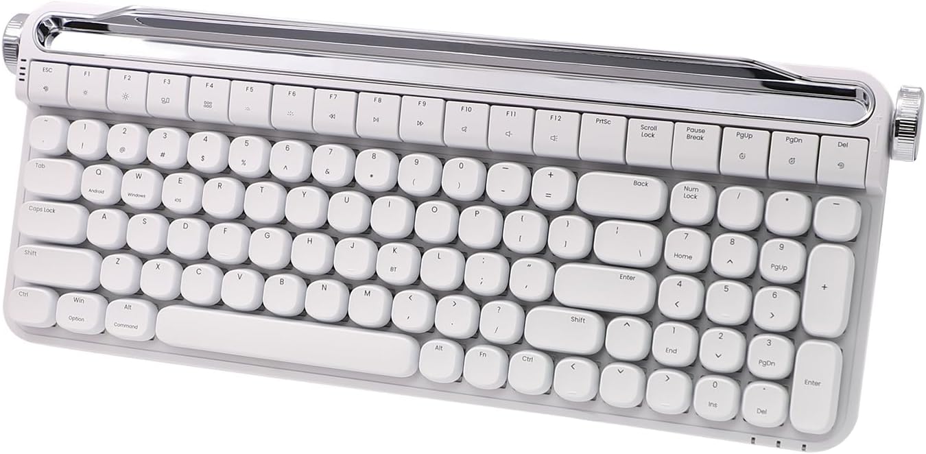 ACTTO B705 Retro Typewriter Keyboard Bluetooth,Vintage Mechanical Keyboard with Tablet Stand,LED Backlight 100 Keys Gaming Keyboard for Windows/macos/iOS/Android,Blue Switch (White)