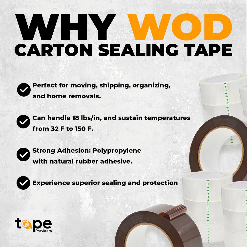 WOD CST20WBA Tan Packing Tape - 2" in. x 60 Yards Per Roll (6 Rolls) - Strong Heavy-Duty Industrial Shipping Box Packaging Tape for Moving, Office, & Storage