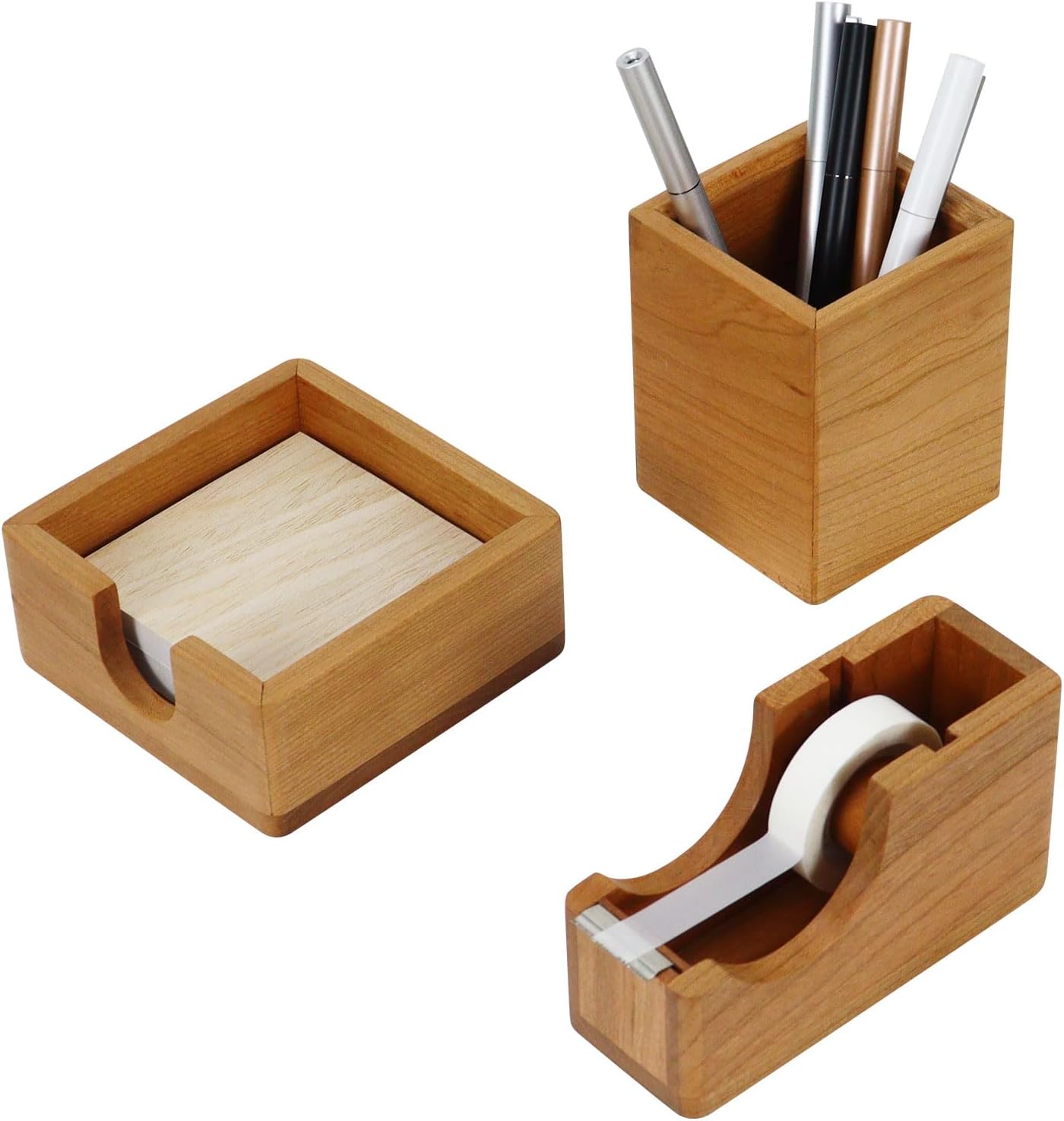 Buqoo Cherry Wood Desk Organizer Set, Tape Dispenser, Sticky Note Holder, Pen Cup - Compact Office Storage for School Home Office Decor