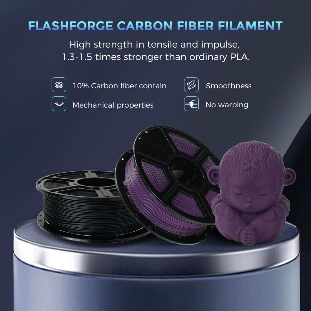 FLASHFORGE Carbon Fiber PLA Filament 1.75mm, Carbon Fiber Reinforced PLA 3D Printer Filament, 1KG Spool Dimensional Accuracy +/- 0.02mm, High Strength & High Abrasion-Resistance (Iris Purple)