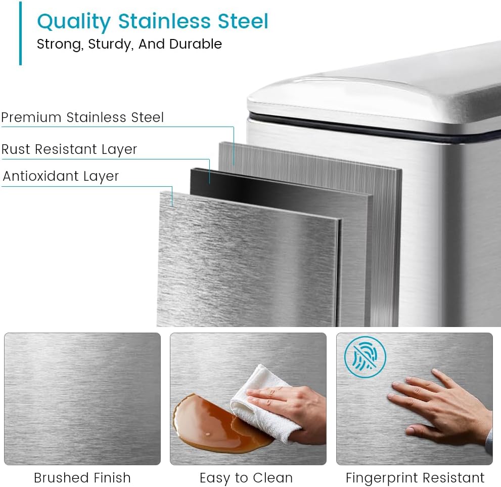 16.7L/ 4.4 Gallon Rectangular Slim Kitchen Trash Can with Removable Inner Bucket, Soft Close lid, Stainless Steel Step Pedal Garbage Can for Bathroom, Kitchen, Home Office, Brushed Silver