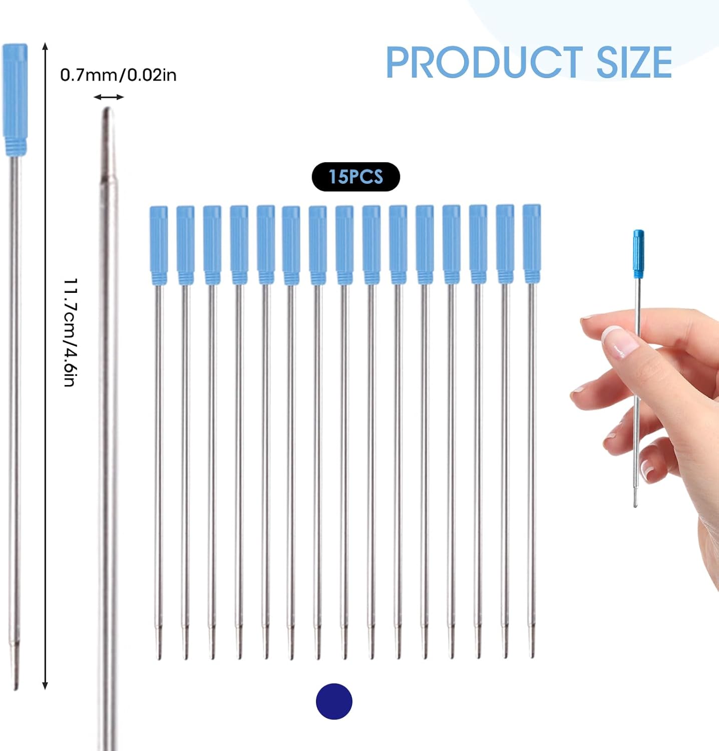 0.7 mm Ballpoint Ink Twist Pen Refills, 15 Pcs Medium Point Metal Smooth Writing Replaceable Ink Refill, Stationery Compatible for Cross Ballpoint Replacement (4.6in M) (Blue, 15)