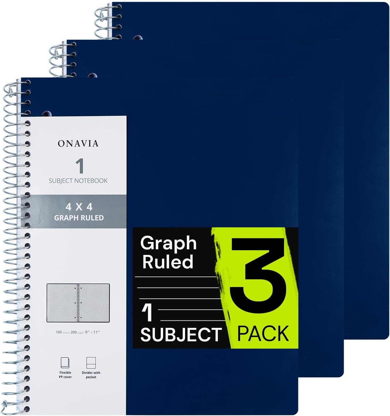 Spiral Notebook for School 3 Pack, 1 Subject, 4x4 Graph Ruled Paper, 100 Sheets, 9" x 11", 1 Divider with Pocket, 3 Hole Punched, Plastic Cover, 1/4" Grid Graphing Note Book Bulk, Prussian Blue