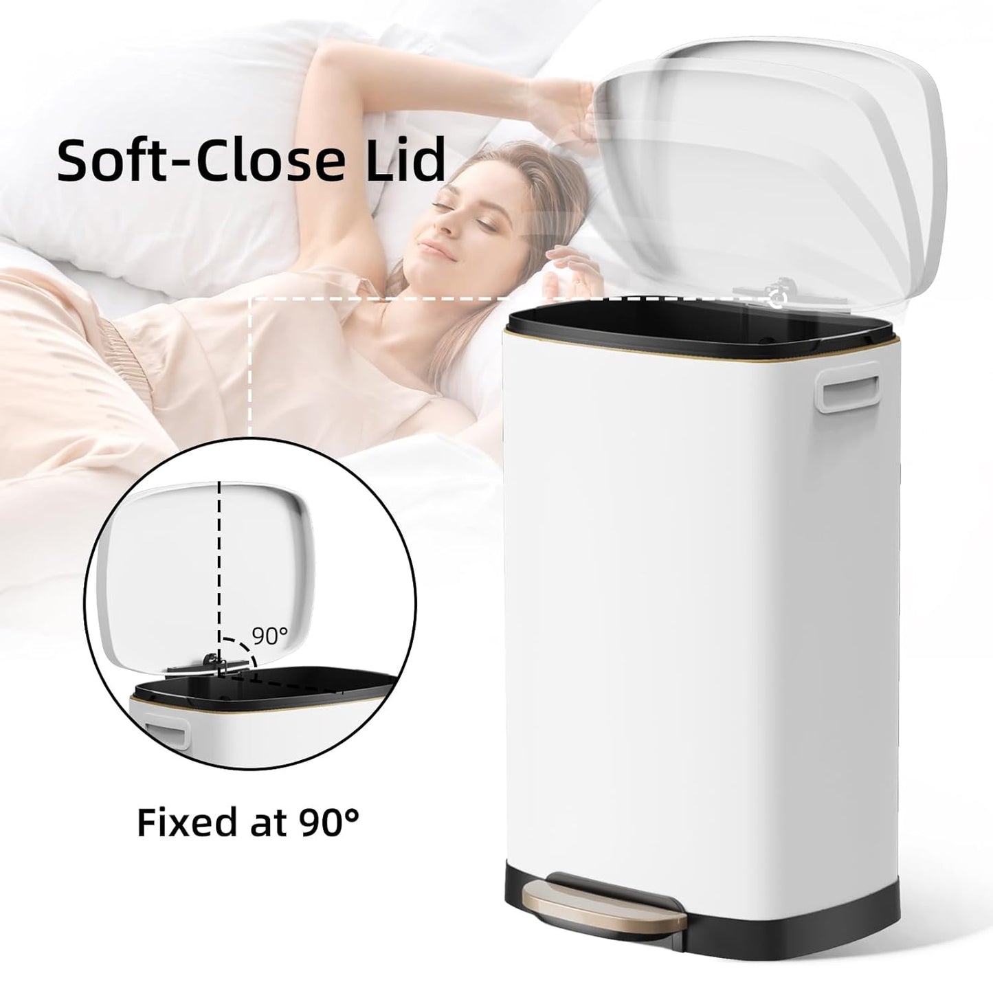 KUK 13 Gallon Kitchen Trash Can with Lid, 50L/13Gal Office Step Garbage Can for Home, Kitchen, Laundry Room, Office, Brushed Stainless Steel, White