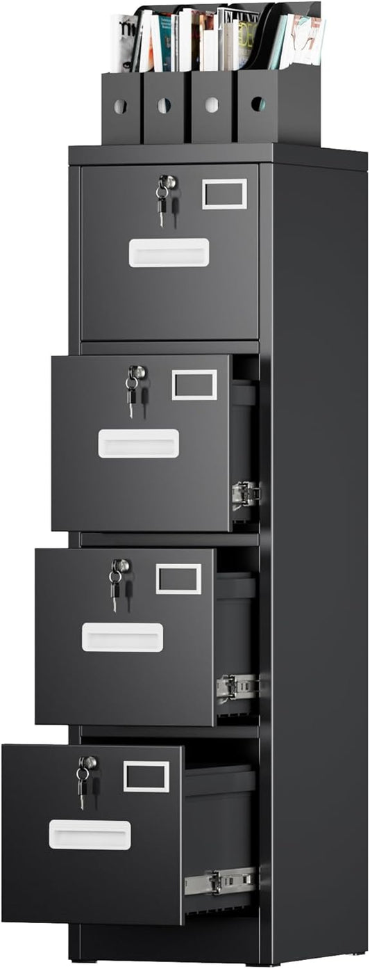 Aobabo 4 Drawer File Cabinet, Metal Filing Cabinet with Lock, Suitable for Home Office School Hanging Files Letter/Legal/A4 Size,Black,Required-Assembly,17.72" D x 14.96" W x 55.2" H