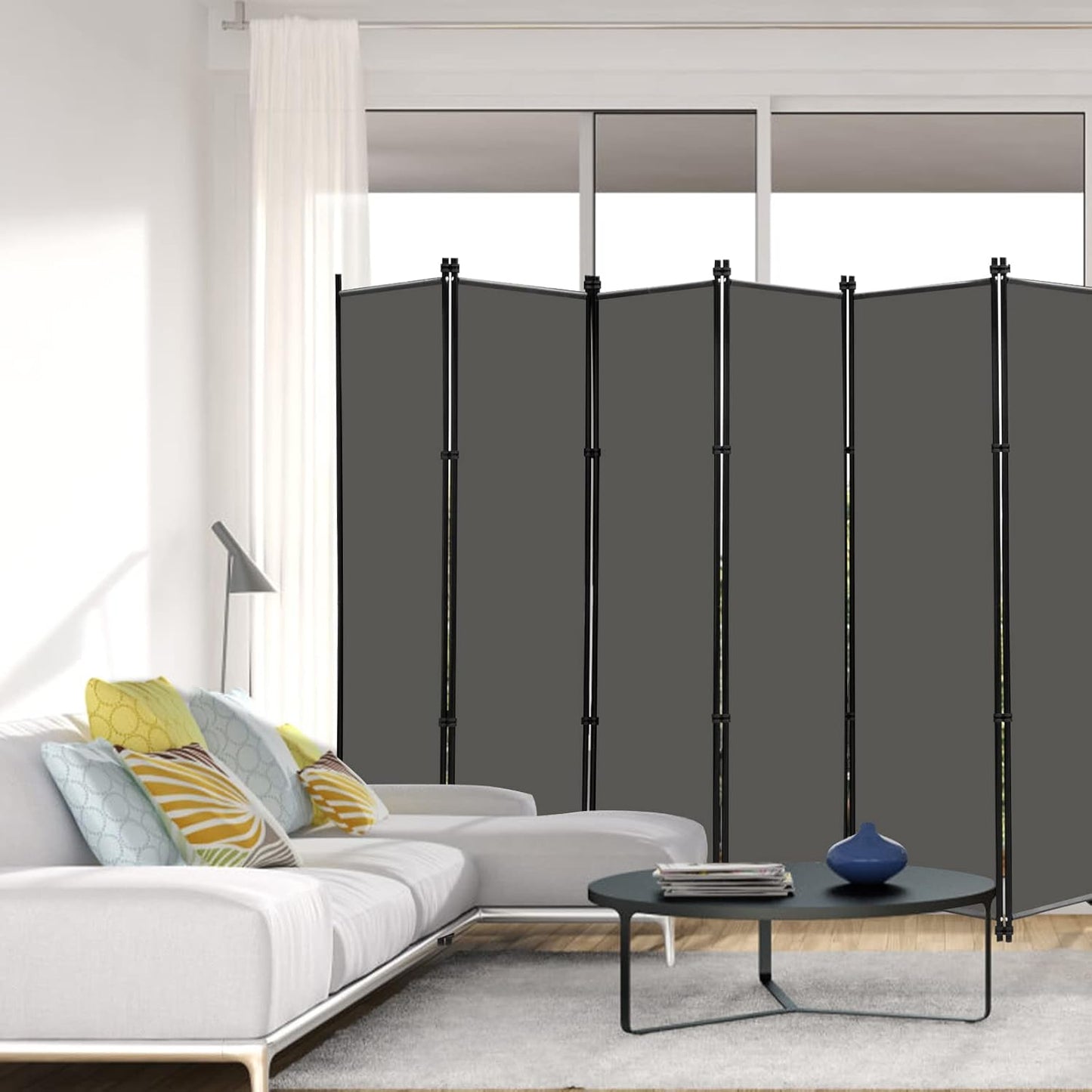 MAYOLIAH 6 Panel Folding Privacy Screen 9ft Wide, 6ft Tall Partition Room Divider Portable Office Walls Dividers Room Separator, Grey