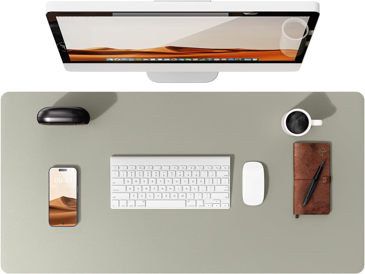 YSAGi Leather Desk Protector, Office Mat, Large Mouse Mat, Non-Slip PU Leather Blotter, Laptop Pad, Waterproof Writing Pad for Office and Home (Sage Green, 35.4" x 17")