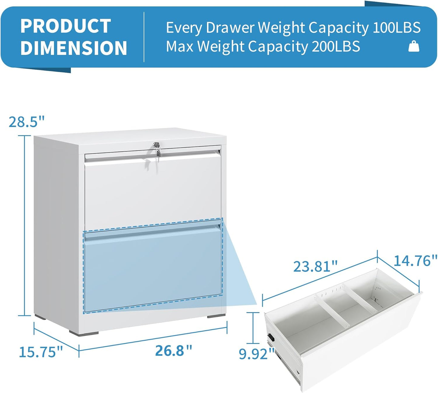 2 Drawer Lateral File Cabinet with Lock, 26.8" Wide Metal Filing Cabinets for Home Office, Steel Storage File Cabinet for Letter/Legal/F4/A4 Size with Hanging Bars, Assembly Required(White)
