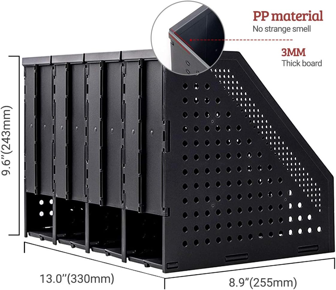 Lemical Magazine Holder 4 Vertical Compartments Collapsible Magazine File Holder Space Saving Rack Home Kitchen Desk Organizer No Need Assemble (Black)