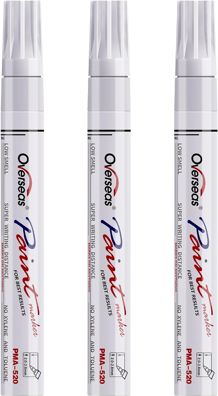 Overseas Permanent Paint Markers Pens - 3 Pack White Oil Based Paint Pens, Medium Tip, Quick Drying and Waterproof Marker Pen for Metal, Rock, Wood, Fabric, Plastic, Canvas, Mugs, Stone, Glass