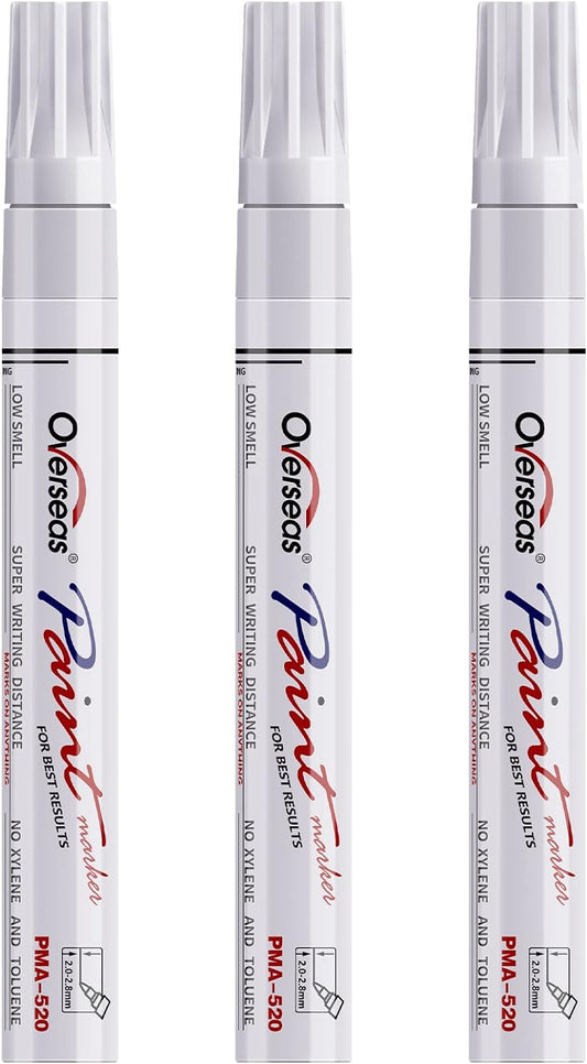 Overseas Permanent Paint Markers Pens - 3 Pack White Oil Based Paint Pens, Medium Tip, Quick Drying and Waterproof Marker Pen for Metal, Rock, Wood, Fabric, Plastic, Canvas, Mugs, Stone, Glass