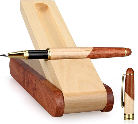 Best Wooden Gel Pen Gift Set with Handmade Rollerball Designer Pen Holder Box and Refills, Business Ballpoint Pen with Fancy Journaling Pen Display Case