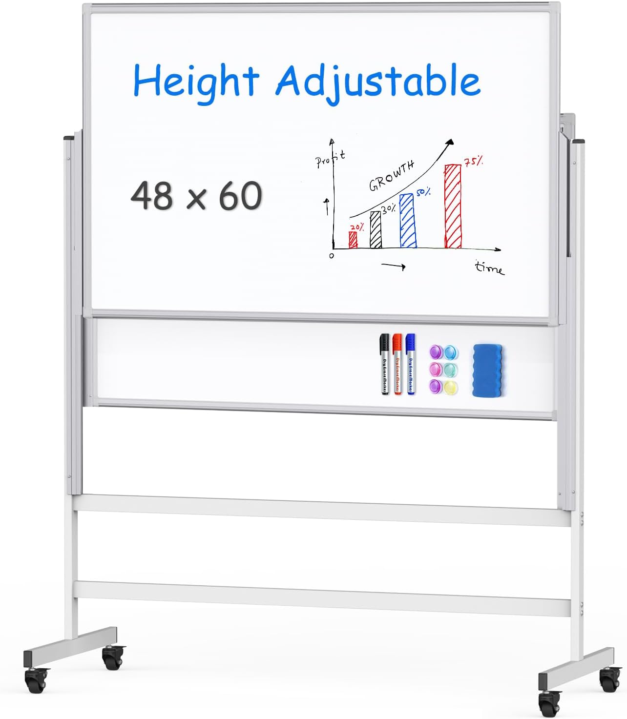 maxtek Dry Erase Whiteboard Height Adjustable, Easel Stand Rolling White Board on Wheels - 48 x 60 Large Mobile Dry Erase Board, 4' x 5' Double Sided Magnetic Whiteboard for School Office Home