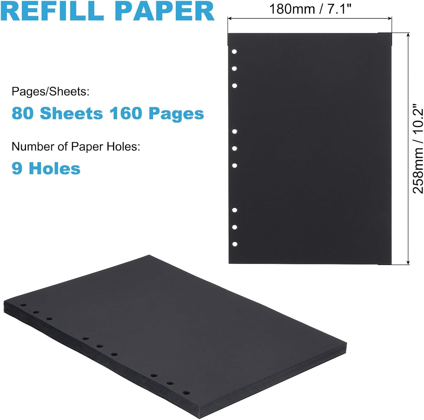 PATIKIL B5 Refill Paper, Unlined Blank Kraft Paper Refillable 9 Hole Filler Inserts Loose Leaf Paper for 9 Ring Binder, 80 Sheets/160 Pages, Black