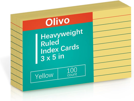 Yellow Lined Index Cards 3x5 Ruled Note Cards 100 Count, 180 gsm Heavy Weight