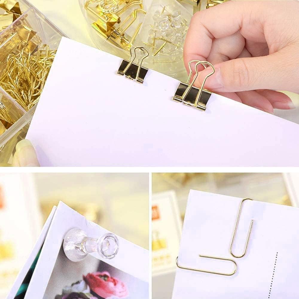 Gold Paper Binder and Clips Set, Metal Assorted Sized Binders with Push Pins, Cute Office Supplies, Teacher Desk Must Haves, Desk Accessories