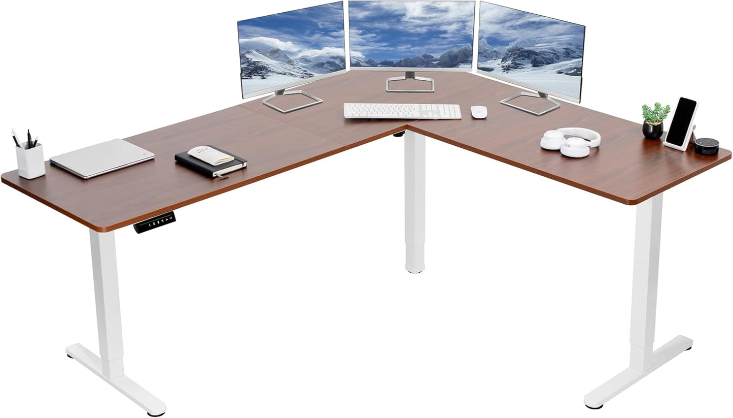 VIVO Electric Corner L-Shaped 75 x 63 in Standing Desk, Memory Height Adjustment, Dark Walnut Top White Frame, DESK-E3CTWD-75