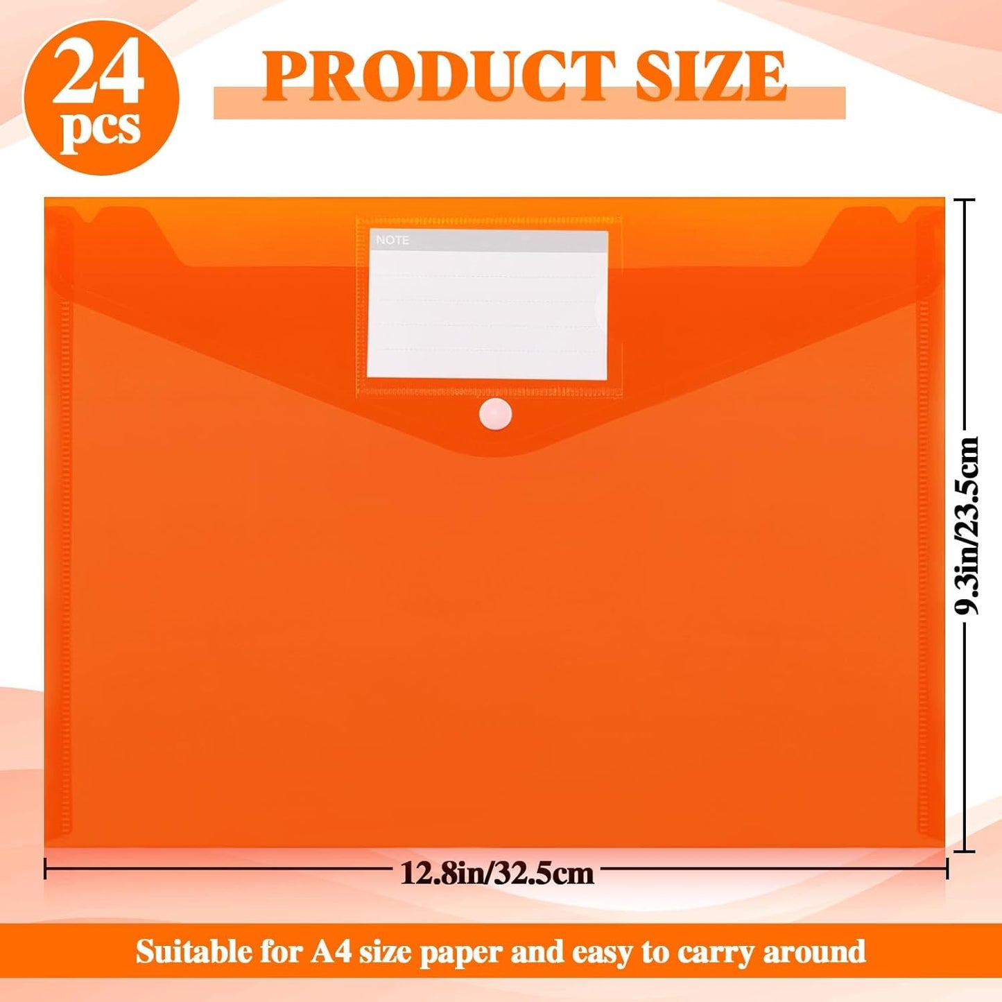 Lincia 24 Pcs Plastic Envelopes A4 Size Poly Envelopes File Folders Work Document Holder Office Paper Plastic File Organizer with Label Pocket Snap Button Home Bag for School(Clear Orange)