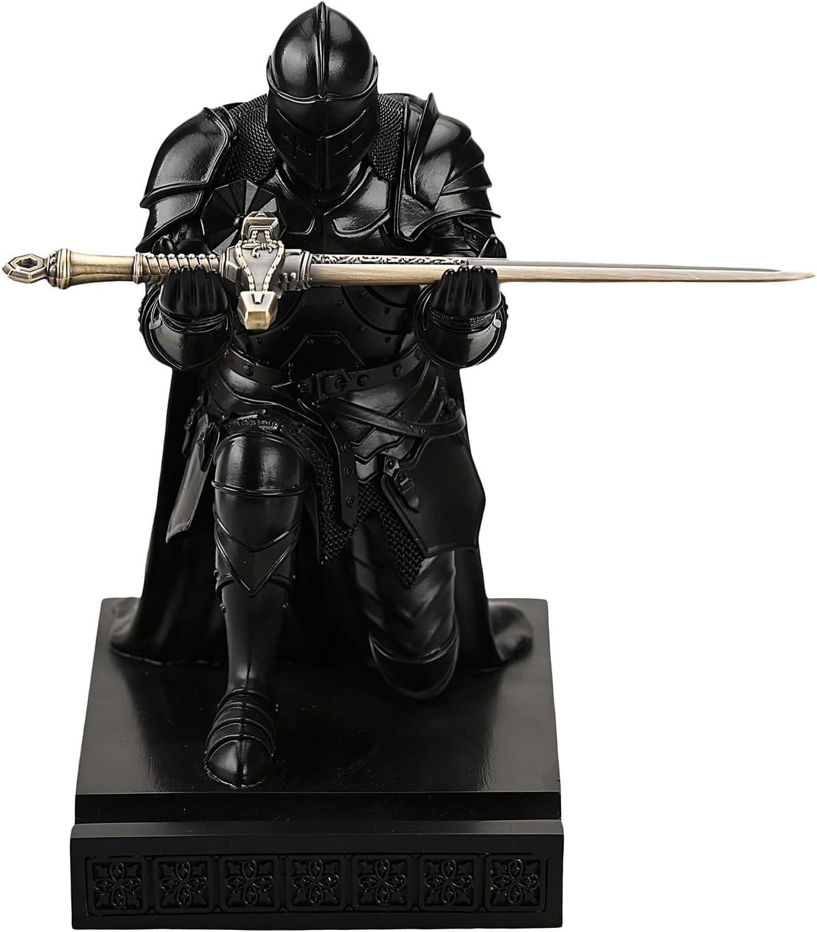 Medieval Armored Warrior Wearing Outerwear, Mobile Phone Stand Knight Pen Holder Desk Organizers, Resin Bookends Paperweight with a Letter Opener for Desk (Black)