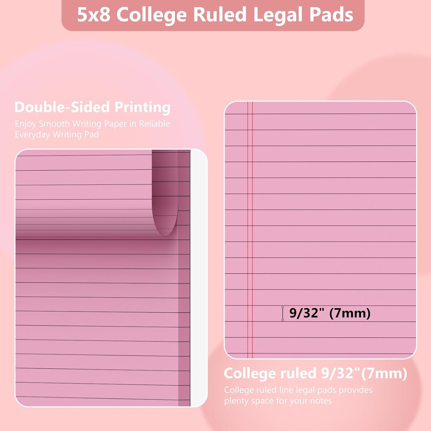 Legal Pads 5x8 Pink Note Pads, 48 Pack College Ruled Pink Notepads 5x8 Lined Paper, Small Notebook Writing Pads 30 Sheets Per Pink Paper Legal Pads for Home Office School Supplies