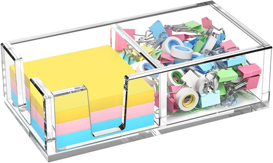 Acrylic Sticky Note Holder, Self-Stick Note Pad Holder W/O Pads - Note Dispenser Memo Pad Holder Desk Organizer for School Office Home (3''x3'' 2IN1 Clear)