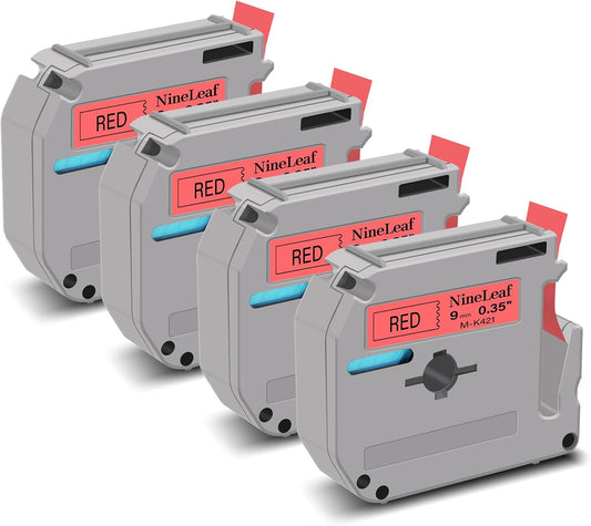 NineLeaf 4 Pack Compatible for Brother P-Touch M Label Tape MK421 M-K421 M421 Black on Red 3/8" (9mm) x 26.2ft (8m) Labeling Refill Cartridge Work in PT-45M PT-65 PT-70 PT-80 PT-M95 Label Maker