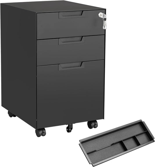 MIIIKO 3 Drawer Filing Cabinet with Lock, Metal Black Vertical File Cabinets for Home Office, Full Assembled File Cabinets Under Desk, Letter/Legal/A4 File Folders Storage