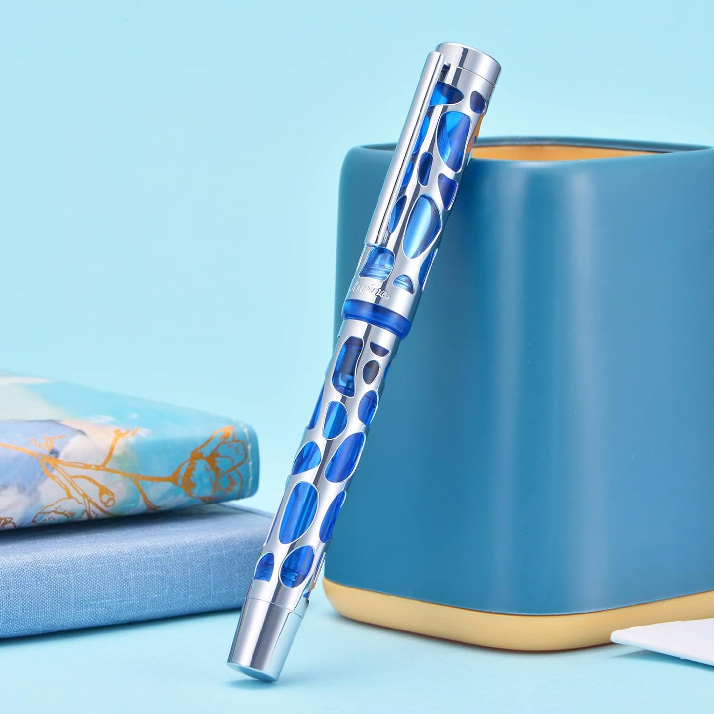 Asvine V169 Vacuum Filling Fountain Pen Medium Nib, Water Drop Skeleton Transparent Blue Acrylic Pen Case Set