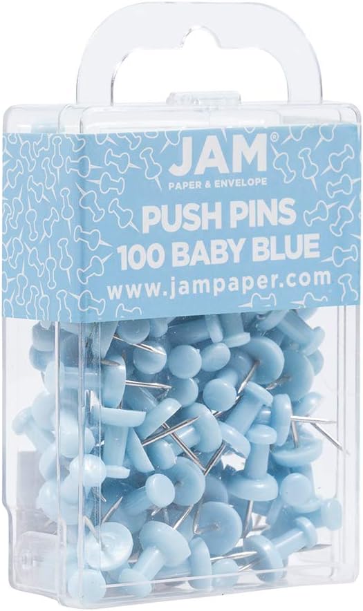 JAM PAPER Colorful Push Pins - Baby Blue Pushpins - 100/Pack