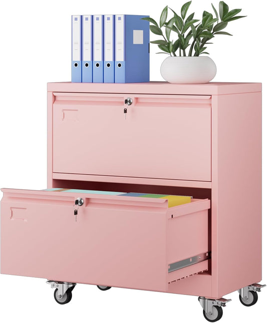 METAN Upgrade 2 Drawers Lateral File Cabinet on Wheels,Steel Office Filing Storage Cabinet with 2 Locks,Assembly Required,Pink