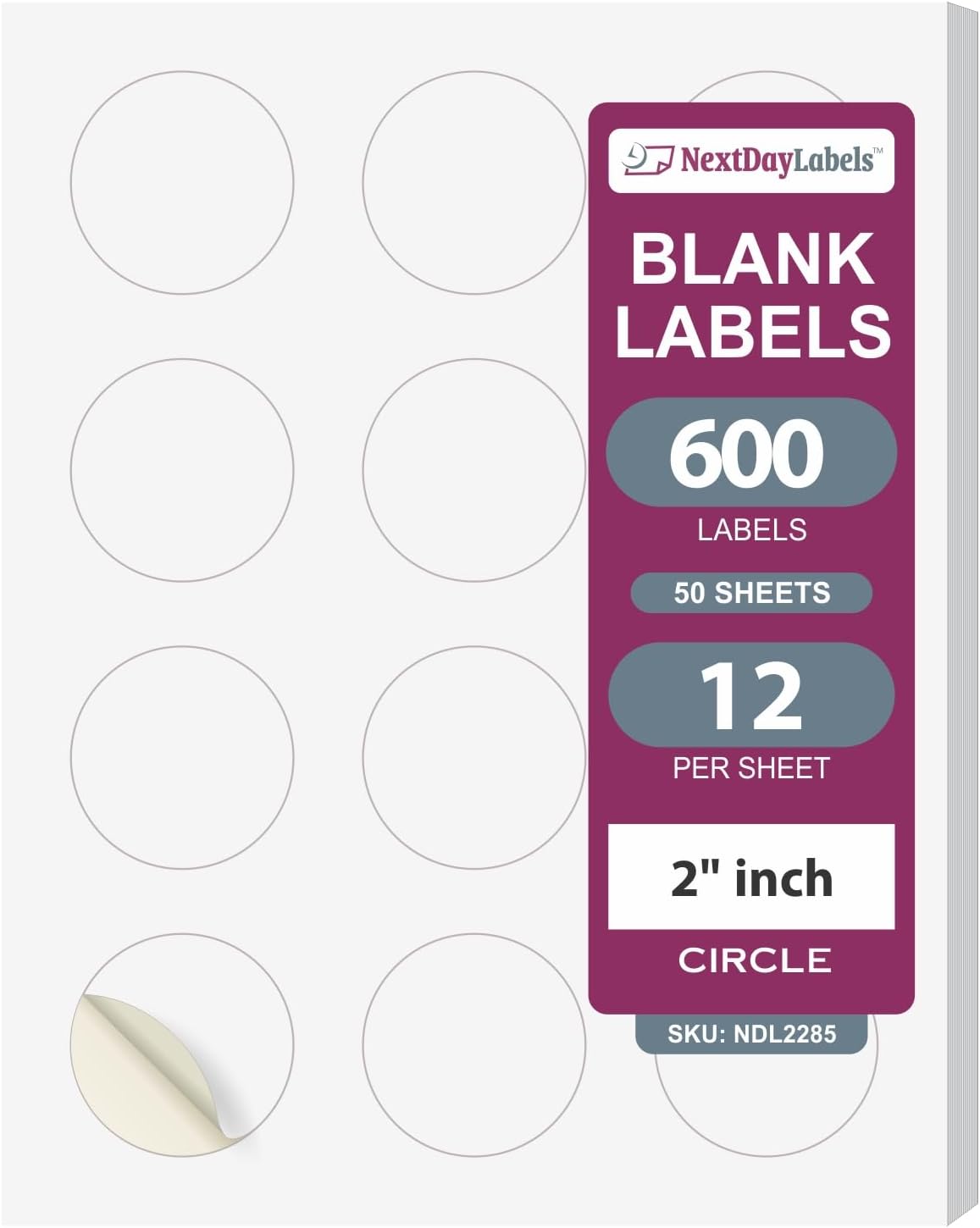 NextDayLabels - 2 Inch Round Matte White Blank Labels for Bleeds - Laser/Inkjet Printable Circle Stickers (50 Sheets, 12 Per Sheet, 600 Labels)