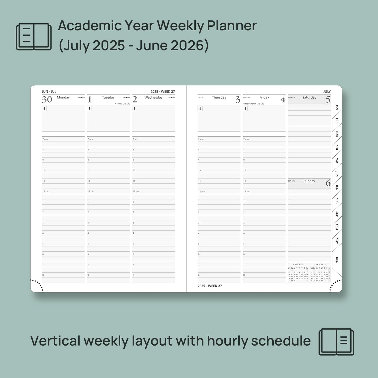 POPRUN Planner 2025-2026, (Medium 6.5'' x 8.5'' Hard Cover) Academic Calendar (July 25-June 26) Daily Weekly and Monthly Appointment Book with Hourly Time Slots, Monthly Tabs, 100 GSM - Black