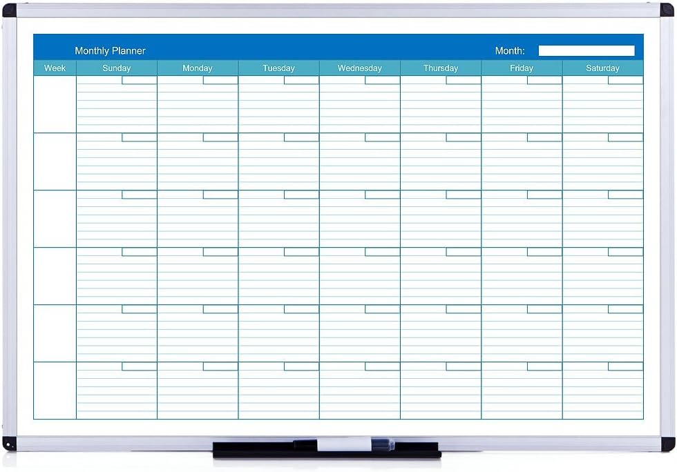 VIZ-PRO Magnetic Dry Erase Monthly Planner, 48 X 36 Inches, Silver Aluminium Frame