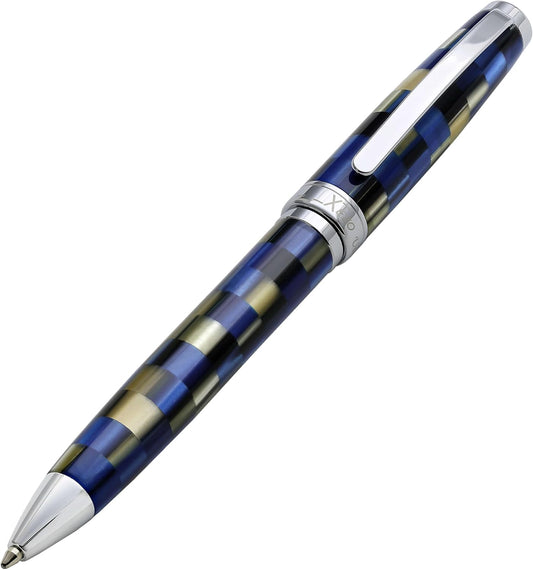 Xezo Urbanite Ballpoint Pen, Medium Point. Retro Blue, Black, and Cream Checkered Acrylic on Brass and Aluminium. Chrome Plated. Limited Edition and Serialized. No Two Alike