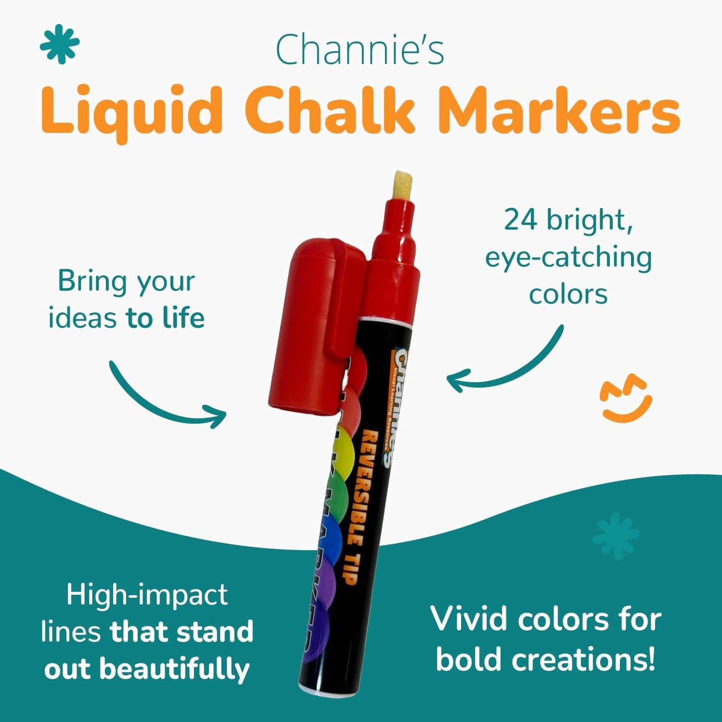 Channie's Liquid Chalk Markers, 24 Vibrant Colors, Dual-Tip Reversible Chisel & Round Tips, Works on Chalkboards, Glass, Mirrors & More, Easy to Wipe Off, Includes Labels & Tweezers