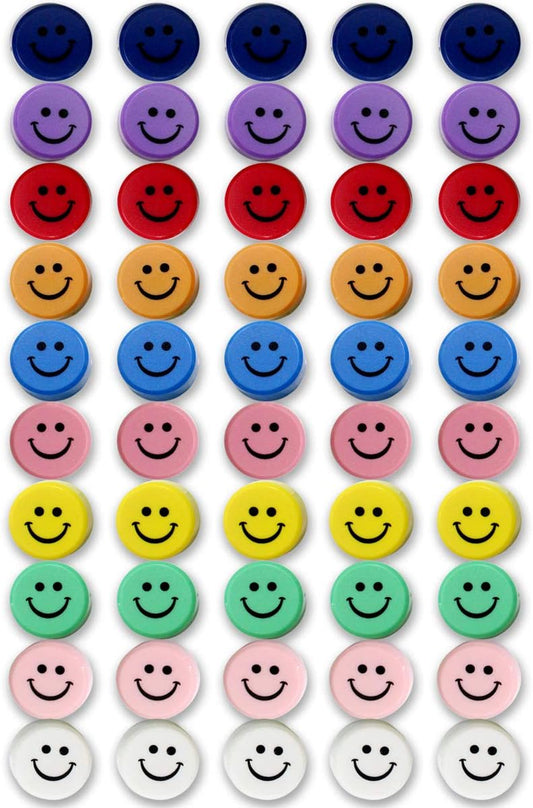 Qualsen Fridge Magnets, 50pcs Smiley Face Magnets, Small Magnet for Whiteboard, Mini Cute Magnet for Fridge, Locker, White Board, Kitchen, Office, Classroom (10 Colors Smile)