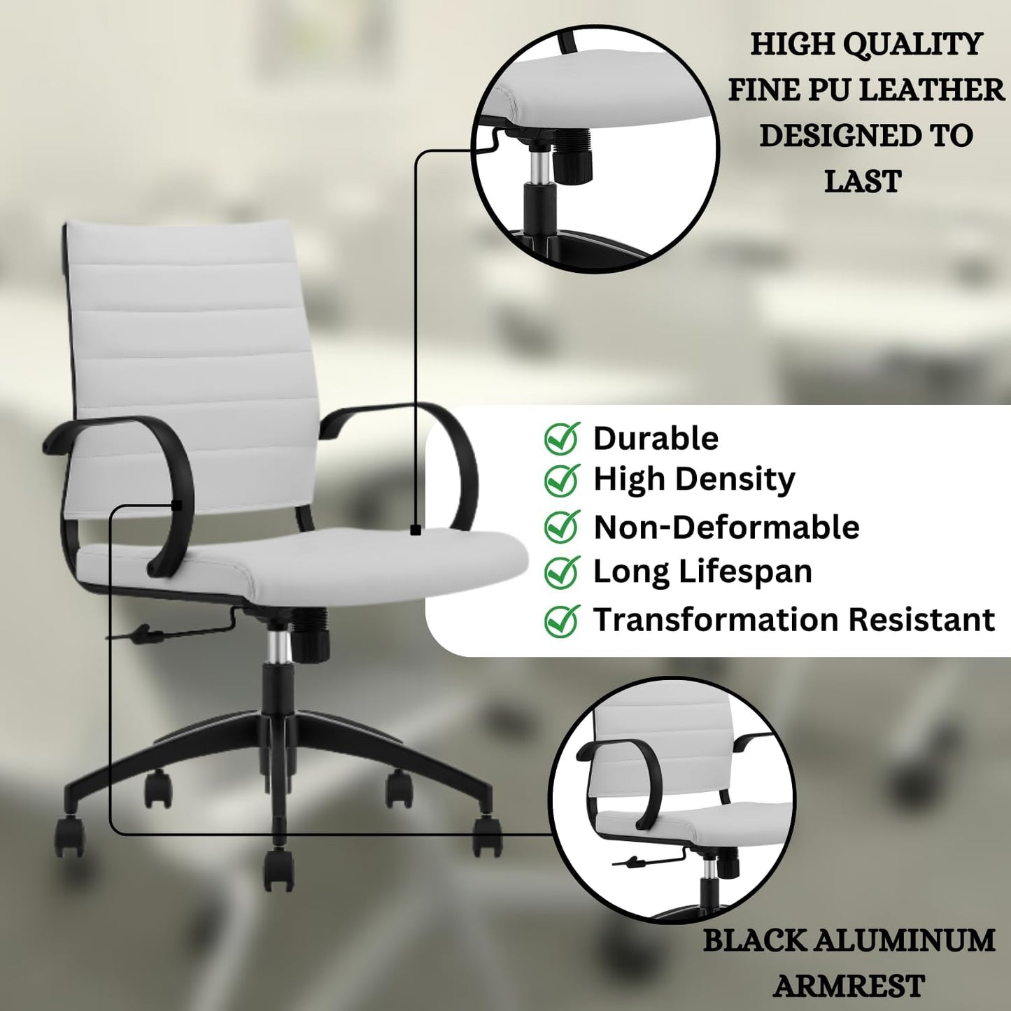 Ribbed Mid Back Conference Room Chairs - Lumbar Support, Modern Executive Home Office Chair - White Leather Seat & Black Aluminum Frame