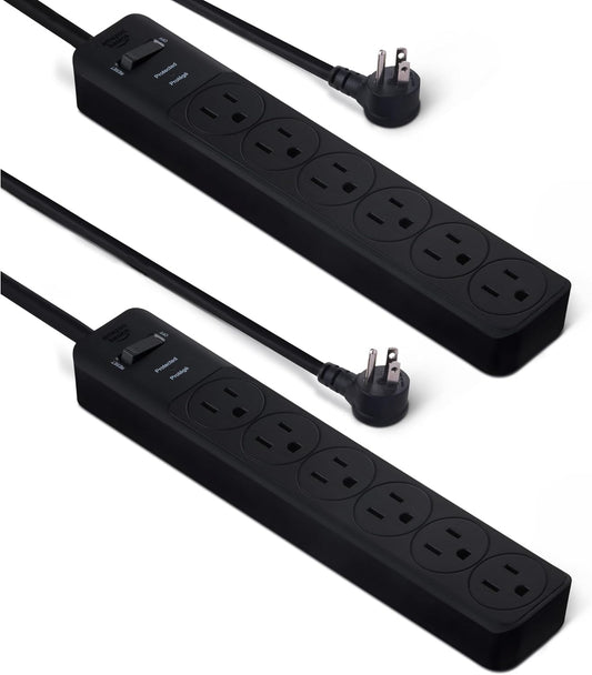 Amazon Basics Rectangle 6-Outlet, 600 Joule Surge Protector Power Strip, 2ft, Black, Small, 2-Pack