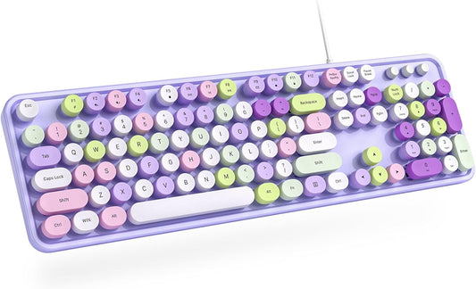 Wired Keyboard, 104 Keys Full-Sized Typewriter Keyboards, USB Office Keyboard with Number Pad, Caps Indicators, Foldable Stands for Windows, PC, Laptop, Desktop (Purple Colorful)