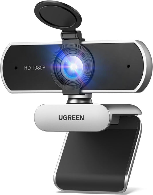 UGREEN Full HD 1080P Webcam with Microphone, 2 Noise-Canceling Mics, 85° Fov & Fixed Focus, Plug and Play, Auto Light Correction, Privacy Cover PC Camera for Zoom/Skype/Teams, Switch 2, Silver Gray
