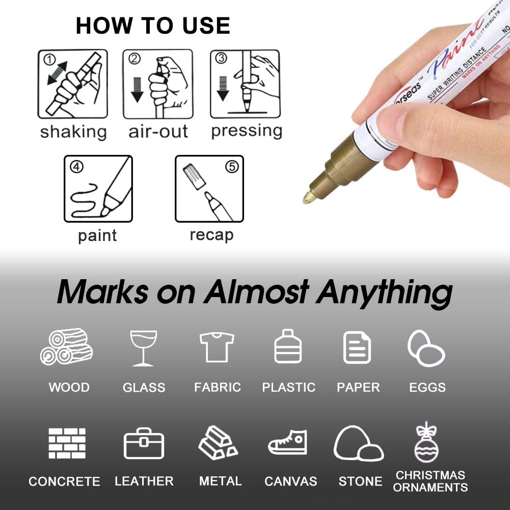 Overseas Permanent Paint Pens Gold Markers - 2 Pack Metallic Oil Based Paint Markers, Medium Tip, Quick Drying and Waterproof Marker Pen for Metal, Rock Painting, Wood, Plastic, Canvas, Mugs