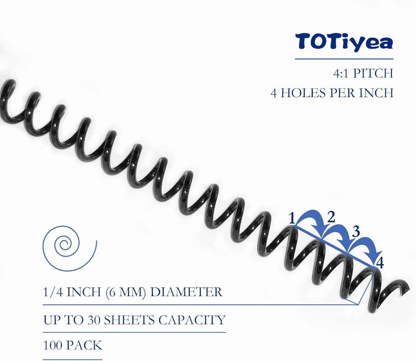 TOTiyea 100 Pack Plastic Spiral Binding Coils,6mm(1/4") Binding Spirals,30 Sheet Capacity,4:1 Pitch,Black