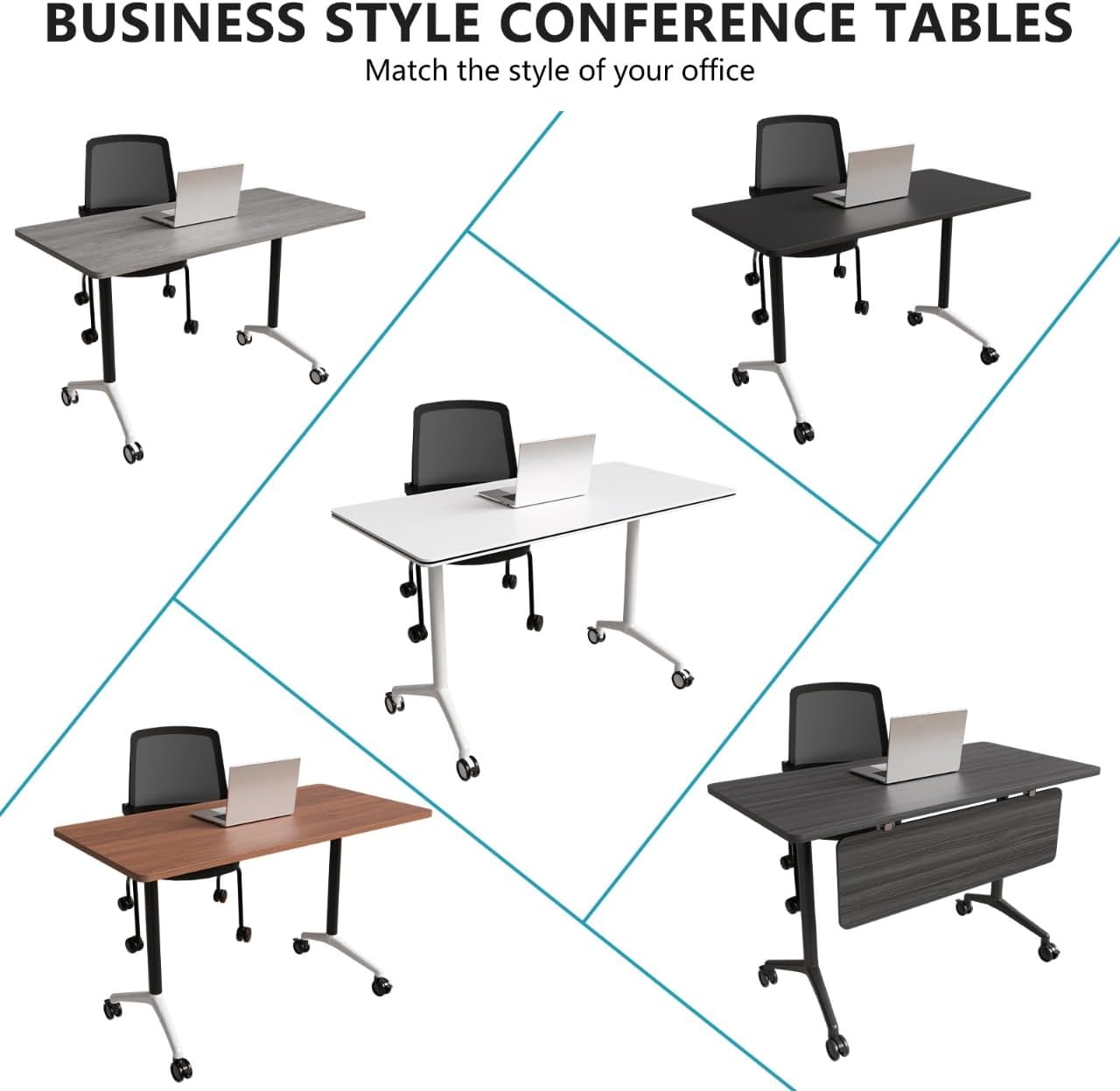 Conference Room Table, Folding Conference Tables,Thicken Grey Tabletop,Flip Top Wooden Seminar Meeting Room Table for Conference Room Offices (4, Black+White, 55.1”)