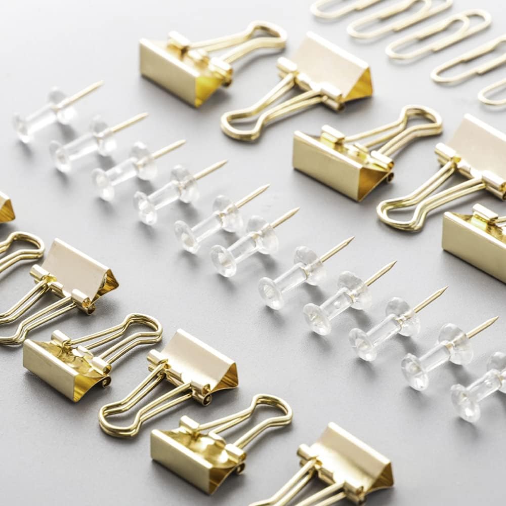 Paper Clips and Binder Clips Set, Metal Assorted Sized Binders with Push Pins, Cute Office Supplies for Desk, Desk Accessories (Gold Set of 3)