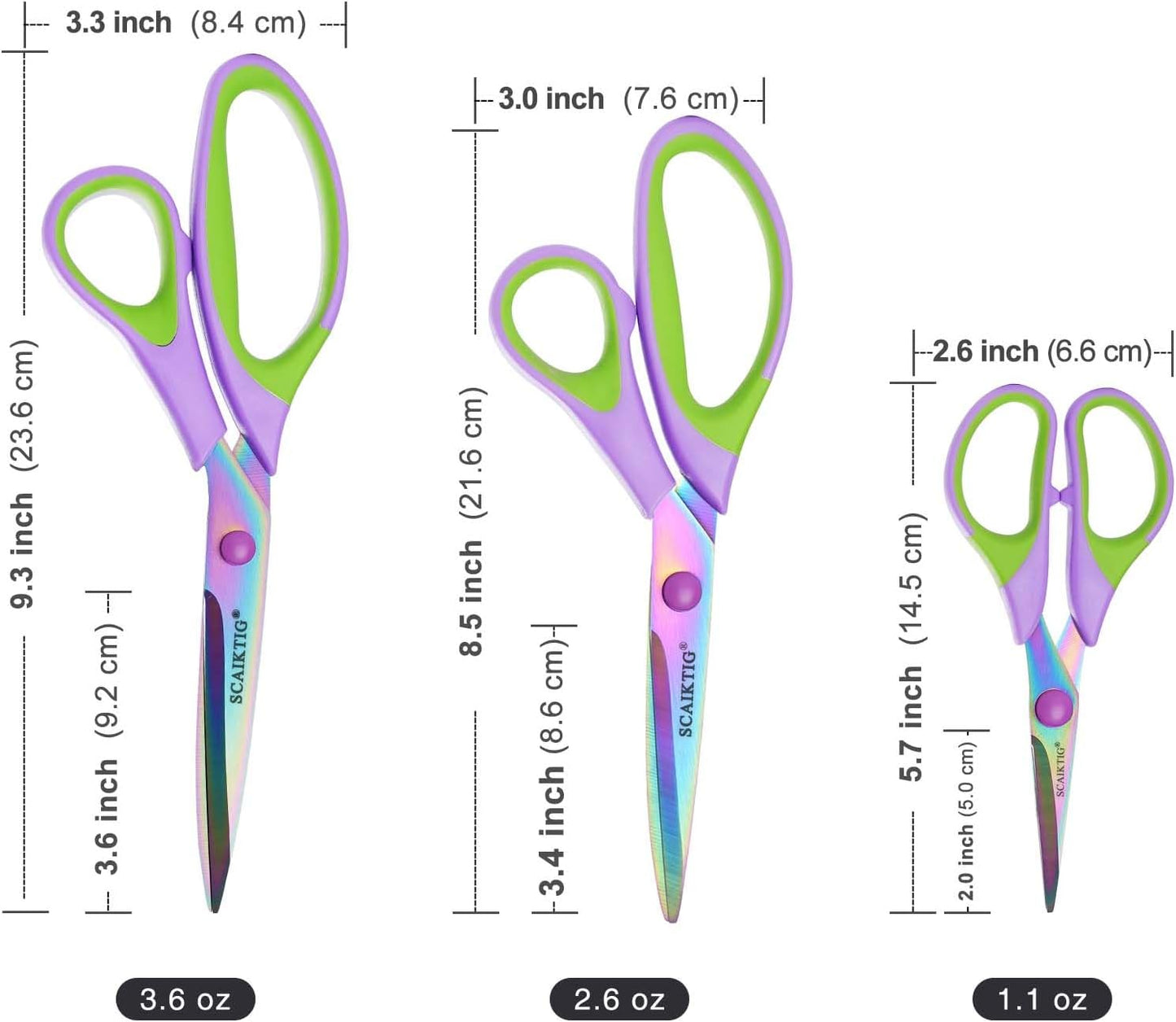 Scissors All Purpose, Sharp Titanium Blades Shears, Rubber Soft Grip Handle, Multipurpose scissors 3 pack, Great for Office, Fabric, Craft, Sewing, Arts, School and Home Supplies, Green
